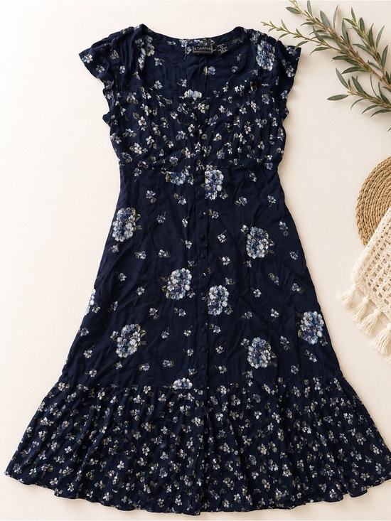Starina Dresses & Skirts - Navy Floral Cap-Sleeve Midi Dress